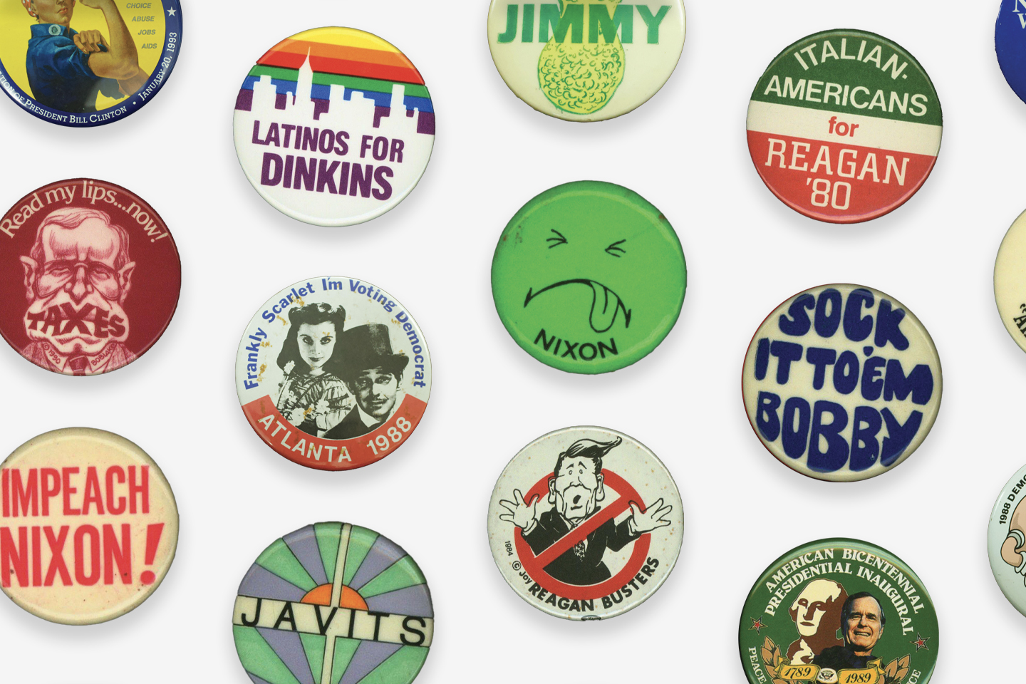 A collage of political buttons from American history