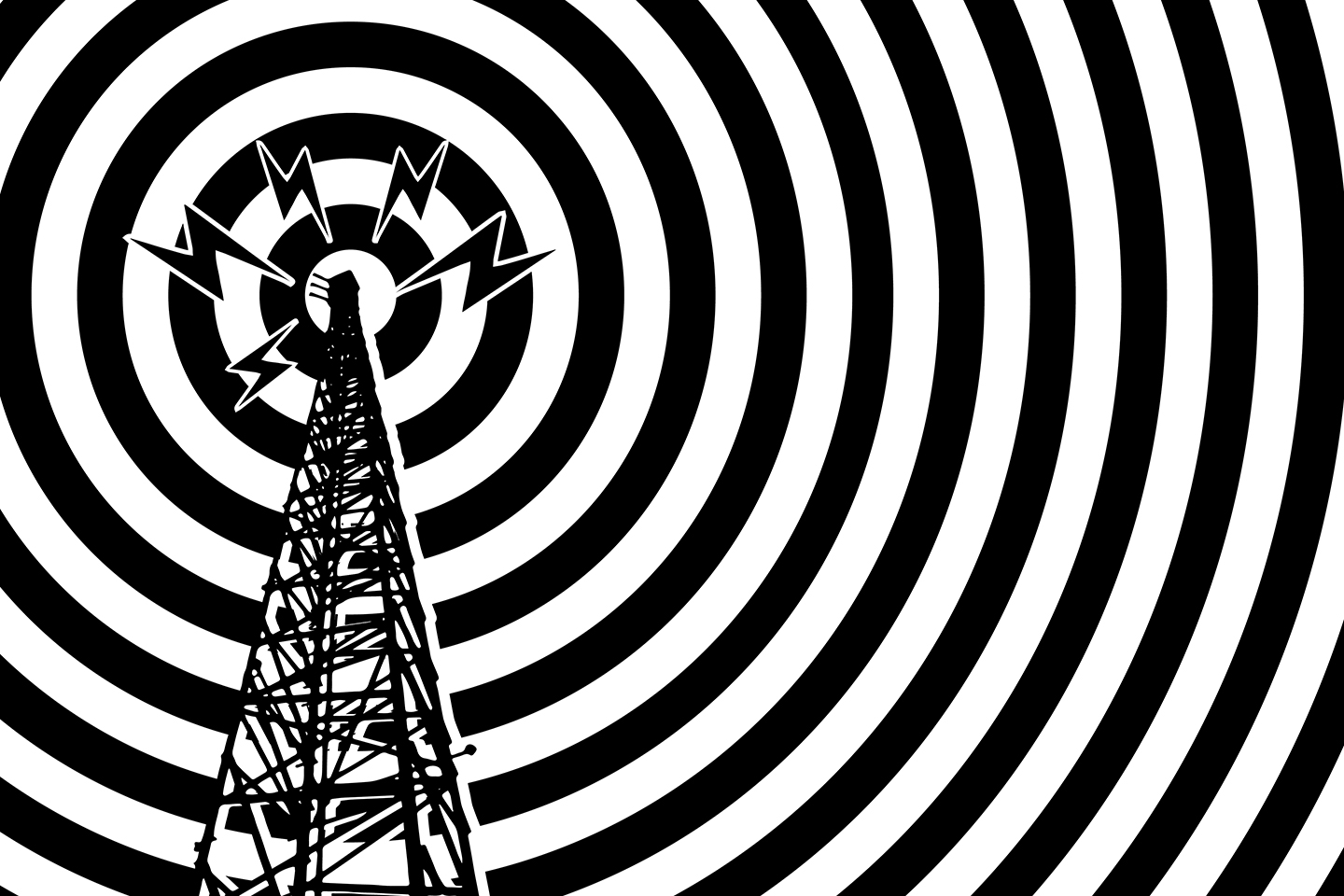 An illustration of a radio tower in front of a black and white spiral