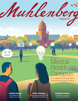 A magazine cover that says Muhlenberg Magazine with an illustration of campus and the cover line Mental Health on Campus