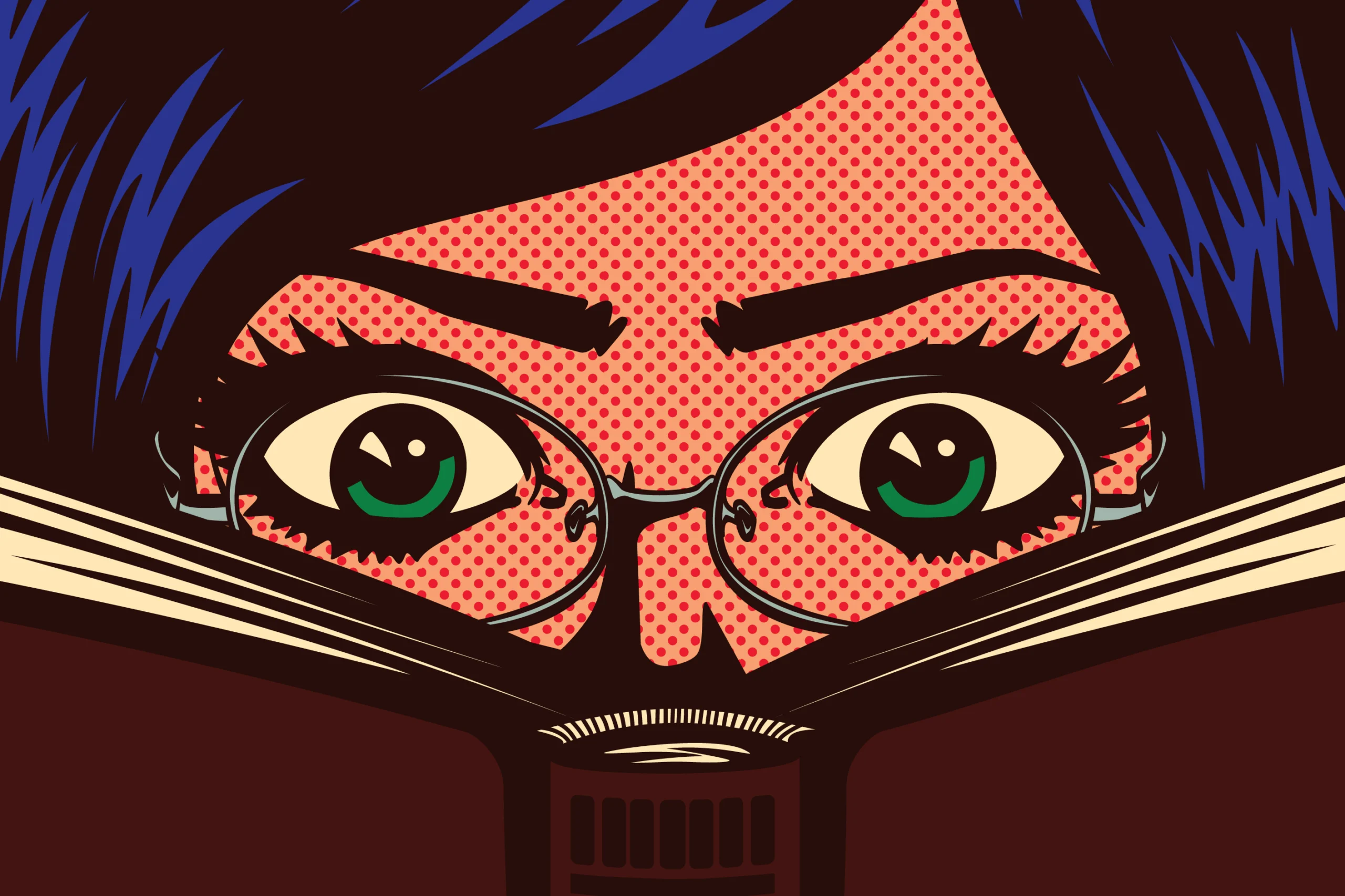 An illustration of a pair of eyes looking at an open book