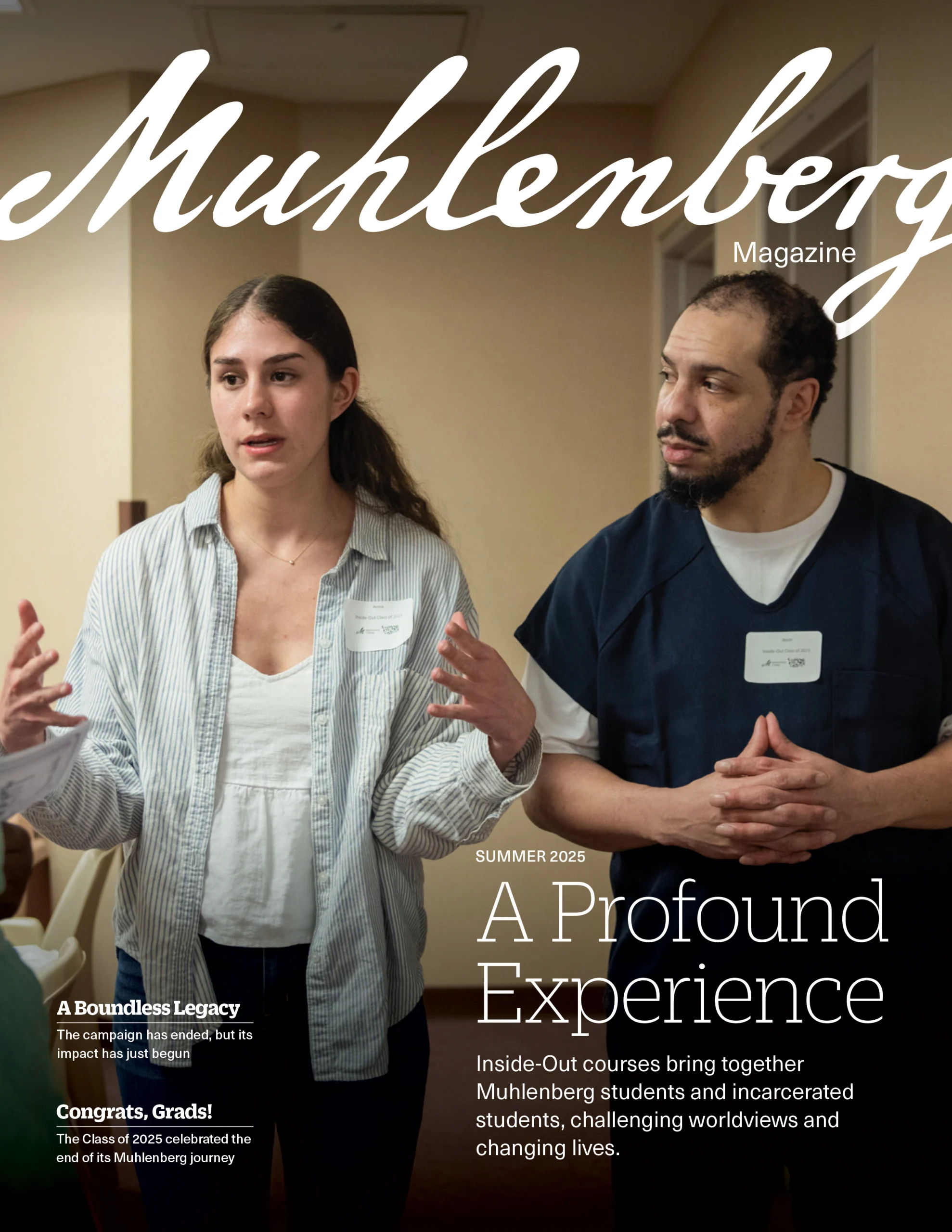 A magazine cover that says Muhlenberg and has a photo of a college student and an incarcerated student