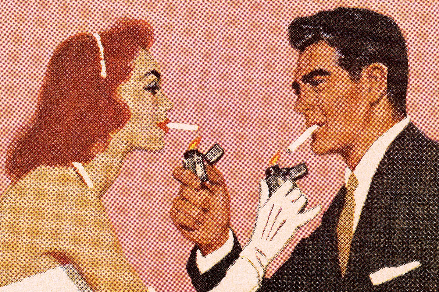 An illustration of a woman and a man from the middle of the 20th century lighting each others' cigarettes